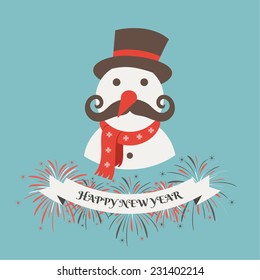 Happy New Year background and greeting card with snowman.
