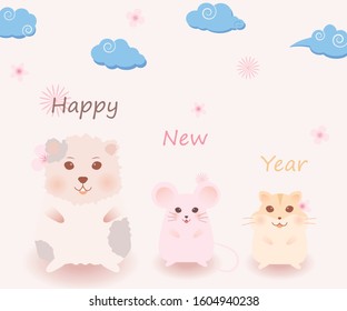 Happy new year background. Guinea pig, mouse, hamster and flower with cloud chinese on pastel color background. Vector cute.