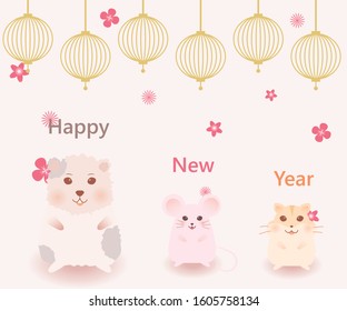 Happy new year background. Guinea pig, mouse, hamster and flower with lamp on pastel color background. Vector cute.
