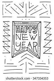 Happy New Year background with hand lettering and flag. Vector illustration. New Year concept for party flyer, banner, placard or web site