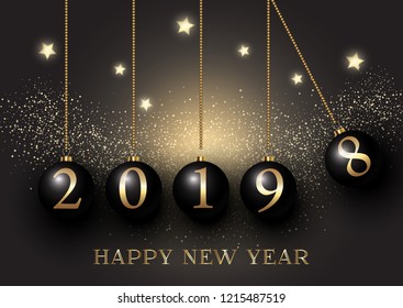 Happy New Year background with hanging bauble on glittery gold design