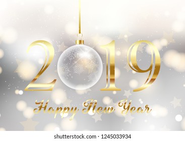 Happy New Year background with hanging bauble and gold text