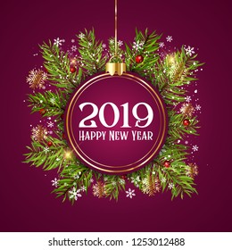 Happy New Year background with hanging bauble on fir tree branches and snowflakes