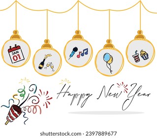 fondo feliz de año nuevo con decoración de baile colgante y espacio de copias