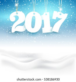 Happy New Year background with hanging numbers in a snowy landscape