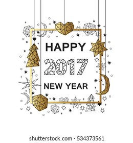 Happy new year  background. Holiday composition with frame, gold foil design elements  in geometric style.