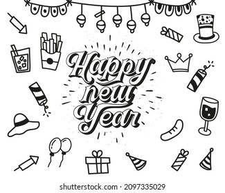 Happy new year background. Happy  new year lettering with hand drawn doodle vector