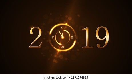 Happy New Year background. Magic gold clock countdown five minute. Golden numbers 2019. Christmas night design light, glitter. Symbol of wish, celebration. Luxury decoration Vector illustration