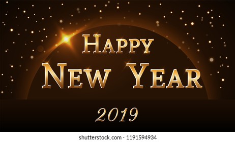 Happy New Year background. Magic gold rain and globe. Golden numbers 2019 on horizon. Christmas planet design. Light, glow and sparkle, glitter. Symbol of wish, celebration Vector illustration