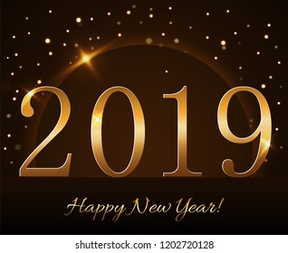 Happy New Year background. Magic gold rain and globe. Golden numbers 2019 on horizon. Christmas planet design. Light, glow and sparkle, glitter. Symbol of wish, celebration Vector illustration