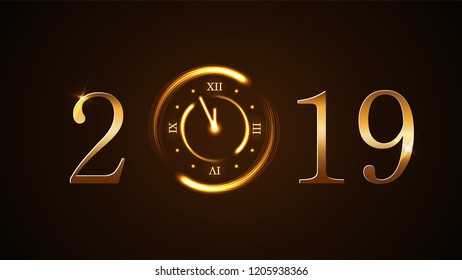 Happy New Year background. Magic gold clock countdown five minute. Golden numbers 2019. Christmas night design light, glitter. Symbol of wish, celebration. Luxury decoration Vector illustration