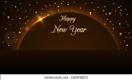 Happy New Year background. Magic gold rain and globe. Golden text and planet on horizon. Christmas planet design. Light, glow and sparkle, glitter. Symbol of wish, celebration Vector illustration