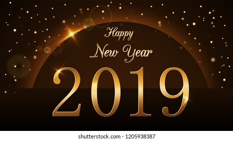 Happy New Year background. Magic gold rain and globe. Golden numbers 2019 on horizon. Christmas planet design. Light, glow and sparkle, glitter. Symbol of wish, celebration Vector illustration