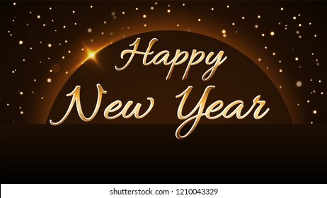 Happy New Year background. Magic gold rain and globe. Golden text and planet on horizon. Christmas planet design. Light, glow and sparkle, glitter. Symbol of wish, celebration Vector illustration