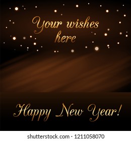Happy New Year background with magic gold rain. Golden text for card. Christmas design light, vibrant, glow and sparkle, glitter. Symbol of wish, celebration. Luxury decoration Vector illustration