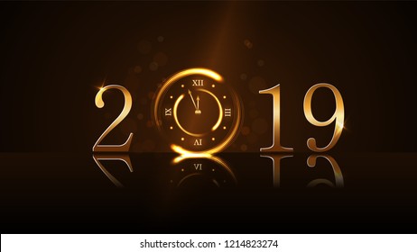 Happy New Year background. Magic gold clock countdown five minute. Golden numbers 2019. Christmas night design light, glitter. Symbol of wish, celebration. Luxury decoration Vector illustration