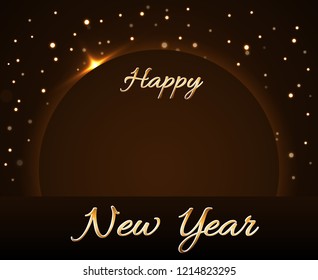 Happy New Year background. Magic gold rain and globe. Golden text and planet on horizon. Christmas planet design. Light, glow and sparkle, glitter. Symbol of wish, celebration Vector illustration