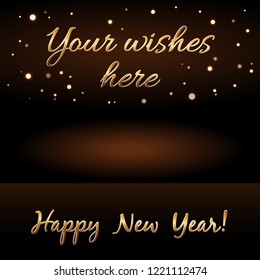 Happy New Year background with magic gold rain. Golden text for card. Christmas design light, vibrant, glow and sparkle, glitter. Symbol of wish, celebration. Luxury decoration Vector illustration