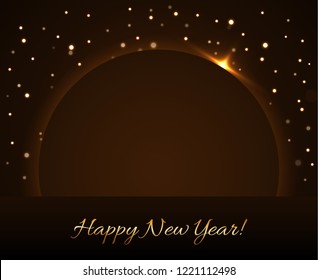 Happy New Year background. Magic gold rain and globe. Golden text and planet on horizon. Christmas planet design. Light, glow and sparkle, glitter. Symbol of wish, celebration Vector illustration