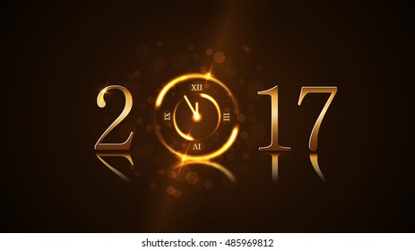 Happy New Year background with magic gold clock countdown. Golden numbers 2017. Christmas night design light and glitter. Symbol of wish, celebration. Luxury greeting decoration. Vector illustration