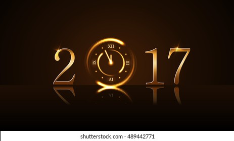 Happy New Year background with magic gold clock countdown five minute. Golden numbers 2017. Christmas night design light, glitter. Symbol of wish, celebration. Luxury decoration Vector illustration