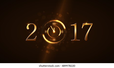 Happy New Year background with magic gold clock countdown five minute. Golden numbers 2017. Christmas night design light, glitter. Symbol of wish, celebration. Luxury decoration Vector illustration