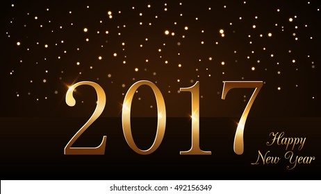 Happy New Year background with magic gold rain. Golden numbers 2017. Christmas design light, vibrant, glow and sparkle, glitter. Symbol of wish, celebration. Luxury decoration. Vector illustration