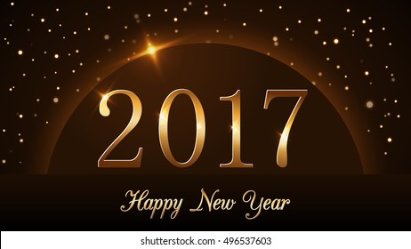 Happy New Year background with magic gold rain and globe. Golden numbers 2017 on horizon. Christmas planet design light, glow and sparkle, glitter. Symbol of wish, celebration. Vector illustration