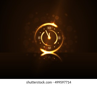 Happy New Year background. Magic gold clock countdown five minute time. Golden decoration for card, greeting. Christmas night design shiny, sparkle. Symbol of wish, celebration Vector illustration