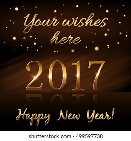 Happy New Year background with magic gold rain. Golden numbers 2017. Christmas design light, vibrant, glow and sparkle, glitter. Symbol of wish, celebration. Luxury decoration. Vector illustration