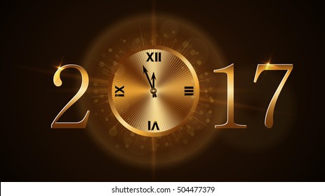 Happy New Year background with magic gold clock countdown. Golden numbers 2017. Christmas night design light and glitter. Symbol of wish, celebration. Luxury greeting decoration. Vector illustration