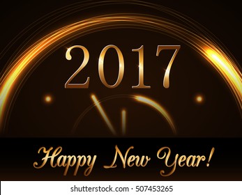 Happy New Year background with magic gold clock countdown five minute. Golden numbers 2017. Christmas night design light, glitter. Symbol of wish, celebration. Luxury decoration Vector illustration