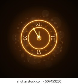 Happy New Year background. Magic gold clock countdown five minute time. Golden decoration for card, greeting. Christmas night design shiny, sparkle. Symbol of wish, celebration Vector illustration