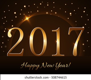 Happy New Year background with magic gold rain and globe. Golden numbers 2017 on horizon. Christmas planet design light, glow and sparkle, glitter. Symbol of wish, celebration. Vector illustration