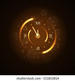 Happy New Year background. Magic gold clock countdown five minute time. Golden decoration for card, greeting. Christmas night design shiny, sparkle. Symbol of wish, celebration Vector illustration