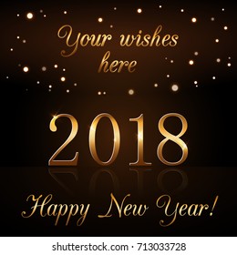 Happy New Year background with magic gold rain. Golden numbers 2018. Christmas design light, vibrant, glow and sparkle, glitter. Symbol of wish, celebration. Luxury decoration. Vector illustration