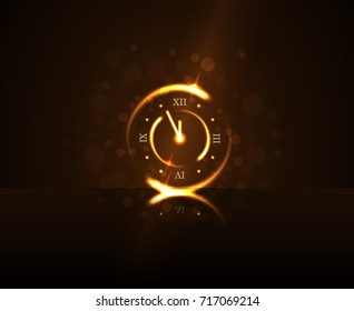 Happy New Year background. Magic gold clock countdown five minute time. Golden decoration card, greeting. Christmas, New Year night glitter clock. Design shiny, sparkle Vector illustration