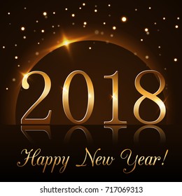 Happy New Year background with magic gold rain and globe. Golden numbers 2018 on horizon. Christmas and New Year night glitter planet design. Light, sparkle, glitter Vector illustration