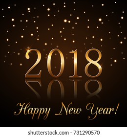 Happy New Year background with magic gold rain. Golden numbers 2018. Christmas design light, vibrant, glow and sparkle, glitter. Symbol of wish, celebration. Luxury decoration. Vector illustration