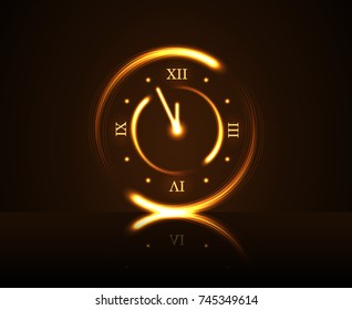 Happy New Year background. Magic gold clock countdown five minute time. Golden decoration card, greeting. Christmas, New Year night glitter clock. Design shiny, sparkle Vector illustration