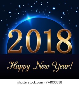 Happy New Year background with magic gold rain and globe. Golden numbers 2018 on horizon. Christmas planet design light, glow and sparkle. Symbol of wish, celebration. Vector illustration