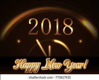 Happy New Year background with magic gold clock countdown. Golden numbers 2018. Christmas night design light and glitter. Symbol of wish, celebration. Luxury greeting decoration. Vector illustration