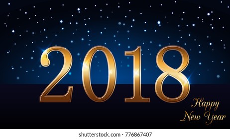 Happy New Year background with magic gold rain. Golden numbers 2018. Christmas design light, vibrant, glow and sparkle. Symbol of wish, celebration. Luxury decoration. Vector illustration