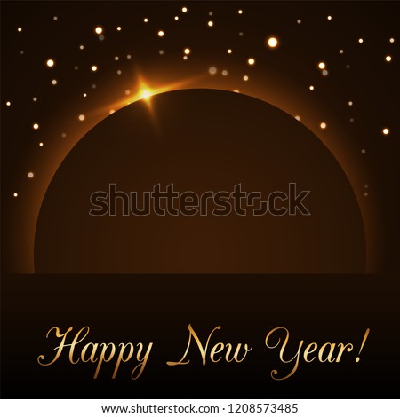 Happy New Year background. Magic gold rain and globe. Golden text and planet on horizon. Christmas planet design. Light, glow and sparkle, glitter. Symbol of wish, celebration Vector illustration