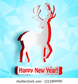 Happy new year background with paper deer silhouette flat vector illustration