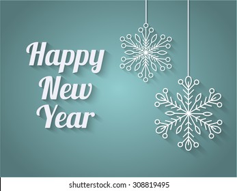 Happy New Year background, paper snowflakes on strings, teal vignette background. vector illustration. EPS10