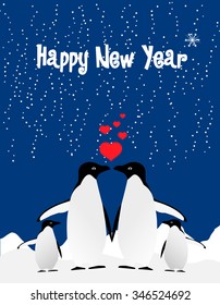  Happy New Year background with penguin family. Vector illustration