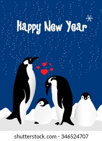  Happy New Year background with penguin family. Vector illustration