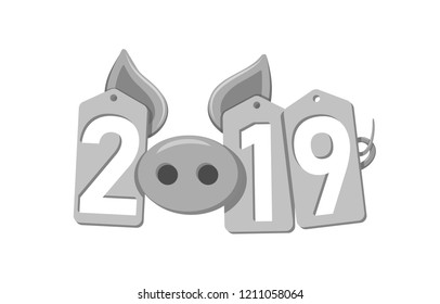 Happy New Year background. Pig face, silver sale tags. 2019 flat numbers. Piggy snout. Chinese design decoration, celebration card, Christmas discount. Cartoon piglet nose Vector Illustration