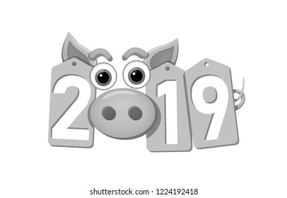 Happy New Year background. Pig face, silver sale tags. 2019 flat numbers. Piggy snout. Chinese design decoration, celebration card, Christmas discount. Cartoon piglet nose Vector Illustration